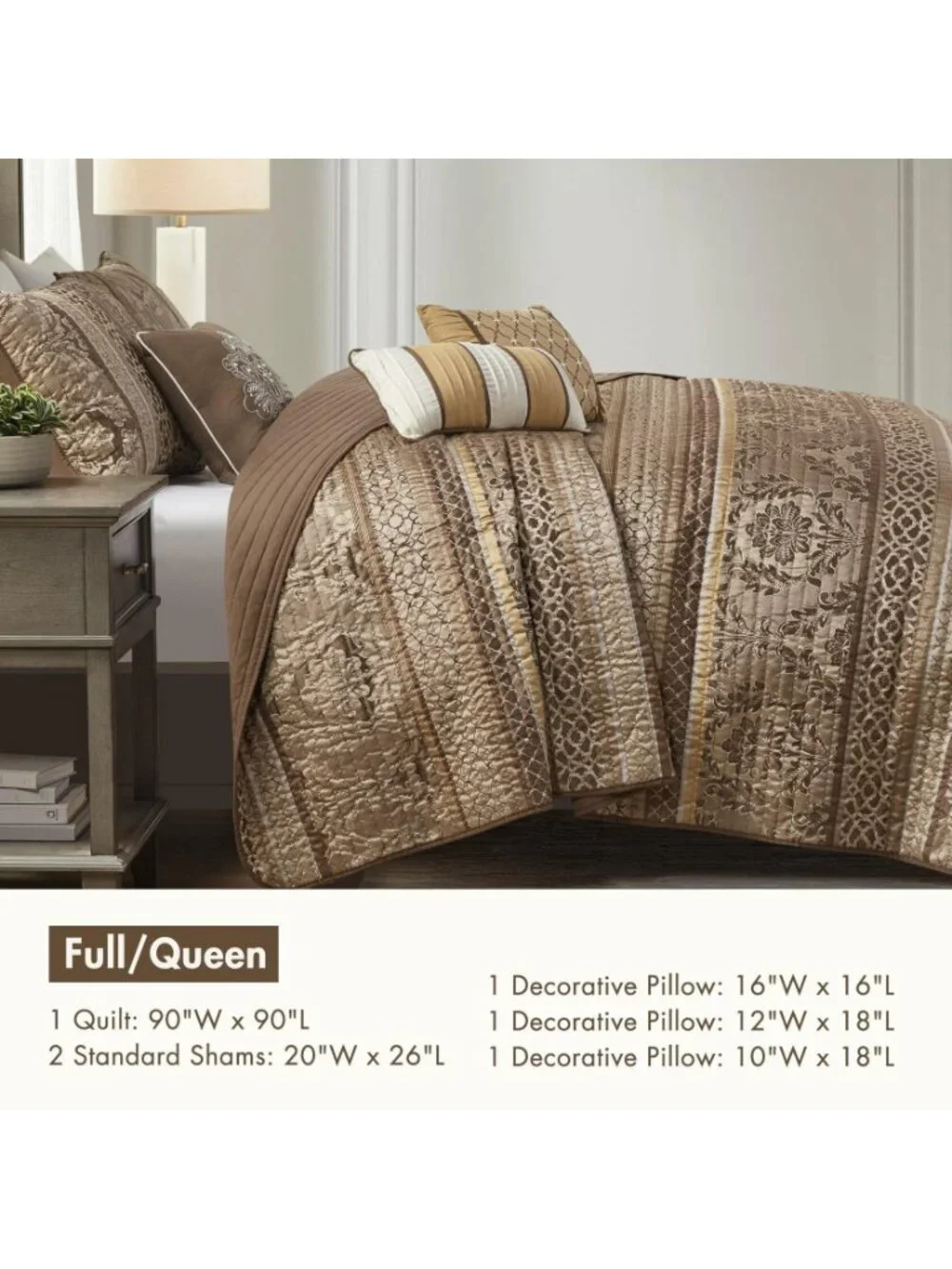 Madison Park Bellagio Jacquard 6 Piece Full Queen Quilt Set Brown Gold MSRP $320